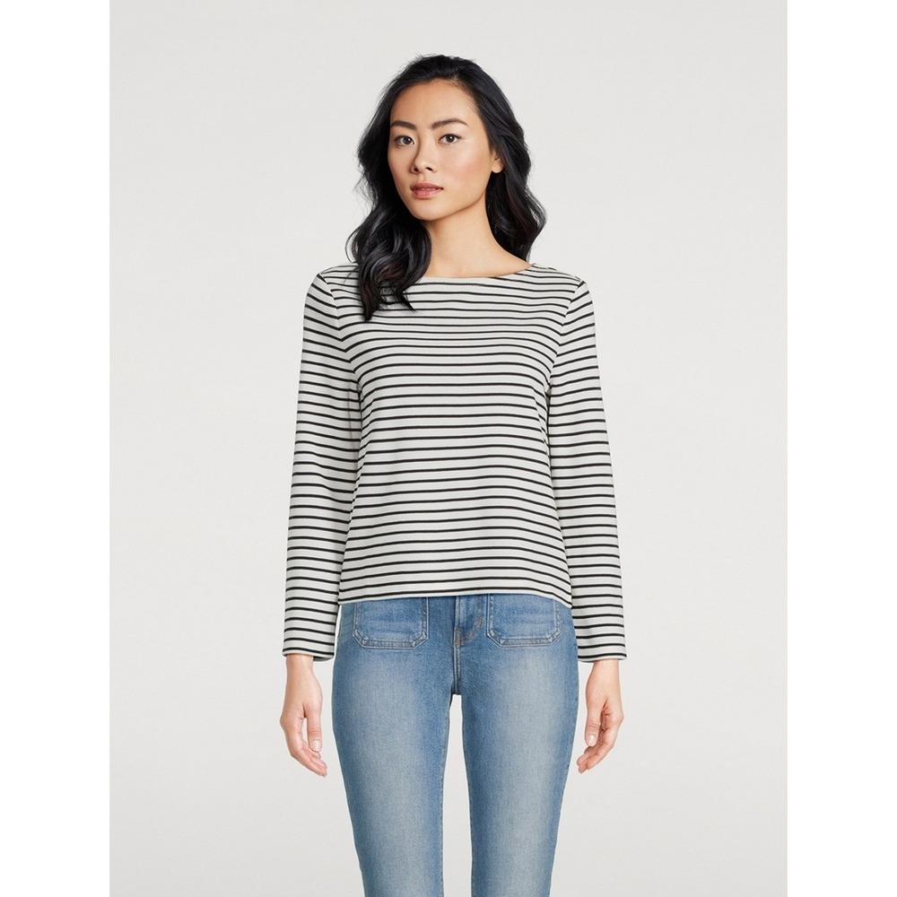 Veronica Beard Ivory Black Long-Sleeve Hovey Striped Boat Neck Top Size Medium